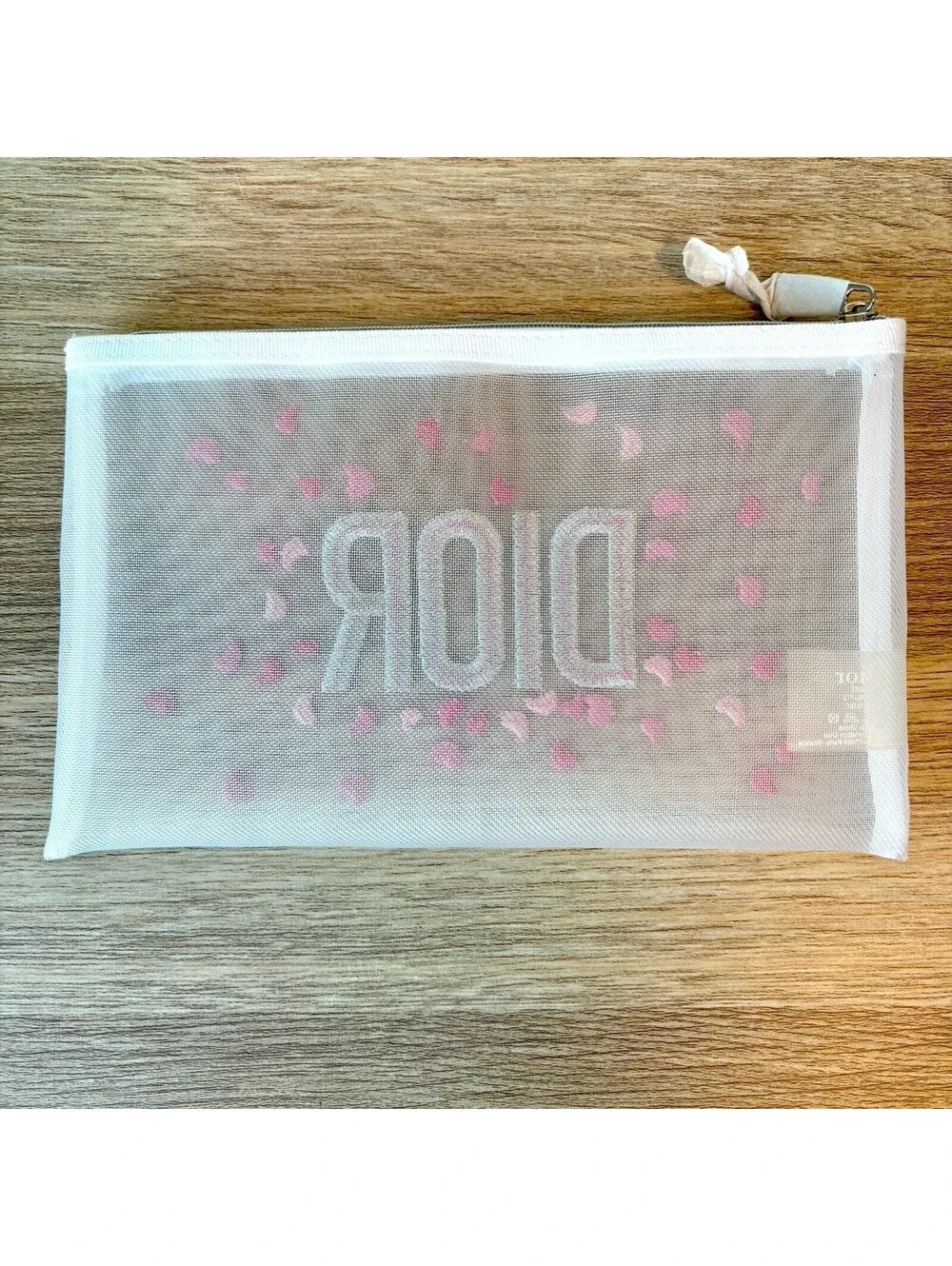 Dior White Mesh Makeup Bag Pouch, Embroidered Pink/Red Petals, Limited Edition